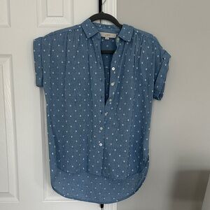 LOFT Casual Blue Button Down Shirt with White Dots